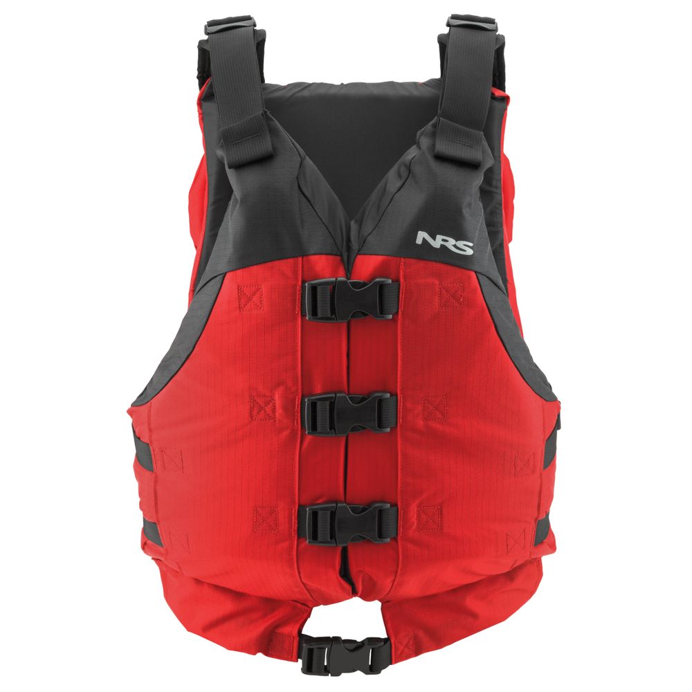 The Big Water V PFD by NRS is a red and black high-flotation jacket with three front buckles, a "NRS" logo on the chest, universal fit, and US Coast Guard Certification for maximum safety.