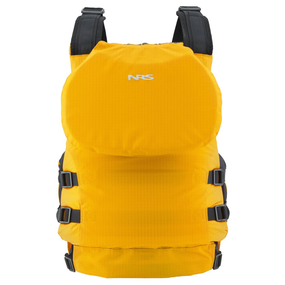 The Big Water V PFD by NRS is a bright yellow backpack featuring black straps and buckles, with a small white logo on the front, offering a universal fit for all your essentials.