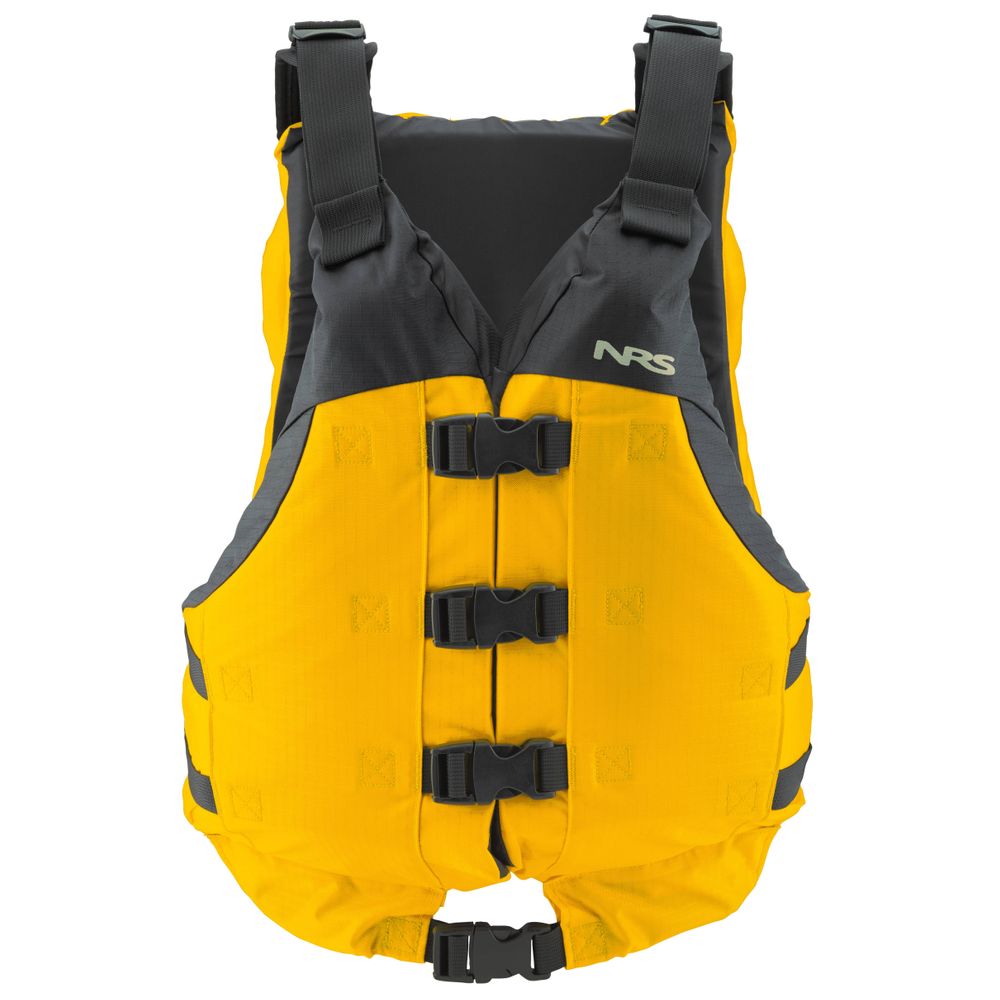 The NRS Big Water V PFD is a yellow and black high-flotation life jacket with adjustable straps and a front closure system, designed for universal fit.