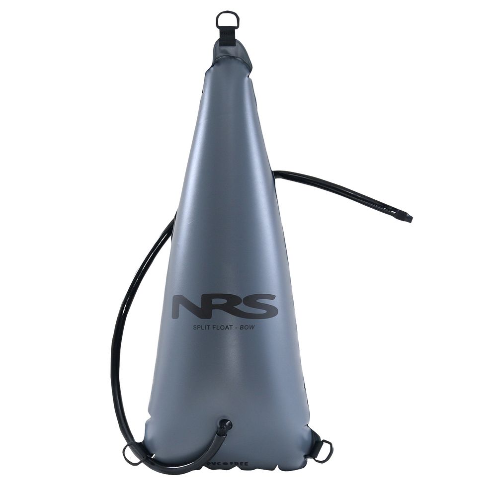 The Split Stern Float Bags by NRS are gray inflatable kayak float bags featuring the black "NRS" logo, a side tube, and a top loop for securing. Ideal for providing additional buoyancy in your stern.