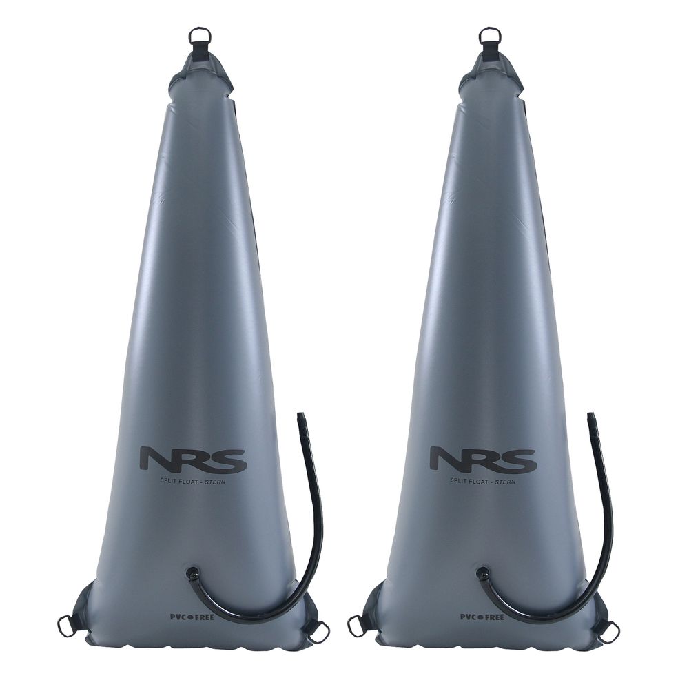 Two gray NRS Split Bow Float Bags, made from durable urethane with attached inflation tubes, feature the "NRS" logo. They are designed to improve flotation and stability for watercraft.