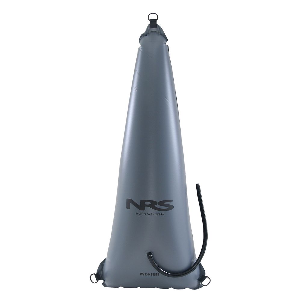 The NRS Split Stern Float Bags are gray inflatable boat floats with a tapered design and an attached black hose, perfect for enhanced stability.