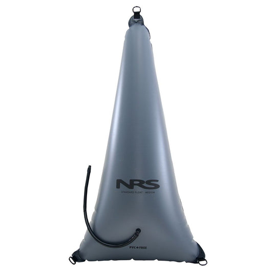 The Standard Bow Float Bag by NRS is an inflatable gray pontoon kayak float bag with a black hose. It's made from durable urethane and features the NRS logo alongside "Standard Float - Medium" text.