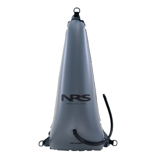 The NRS Rodeo Stern Float Bags, made from durable urethane fabric, boast a gray color with a black logo, hose attachment, and D-rings. Labeled "Rodeo Float - Stern" and "PVC Free," they're designed for Rodeo Split Stern Kayak Flotation in whitewater kayaks.