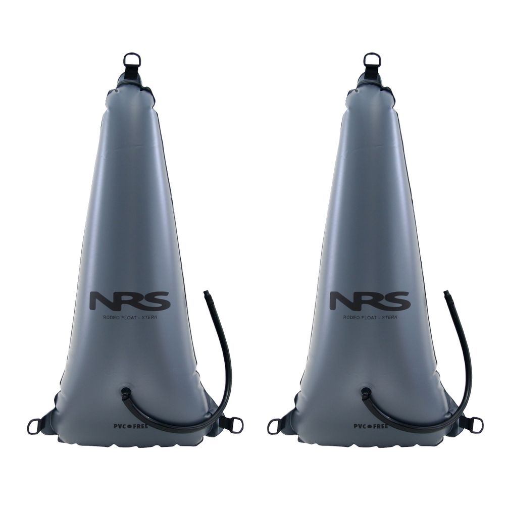 Two gray NRS inflatable Rodeo Stern Float Bags, made from durable urethane fabric with black tubing and handles, stand upright against a white background. Perfect for enhancing whitewater kayak experiences, these bags ensure superior flotation.