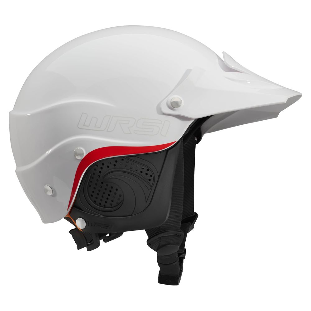 The NRS Current Pro Helmet features a white design with red accents, interconnect retention system, visor, and adjustable chin strap for enhanced safety.