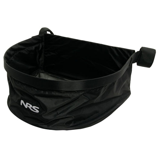 The NRS Stripping Basket in black is crafted from durable fabric, features a printed "NRS" logo, and has handles for easy portability. Its design includes a self-draining mesh for convenience and efficiency.