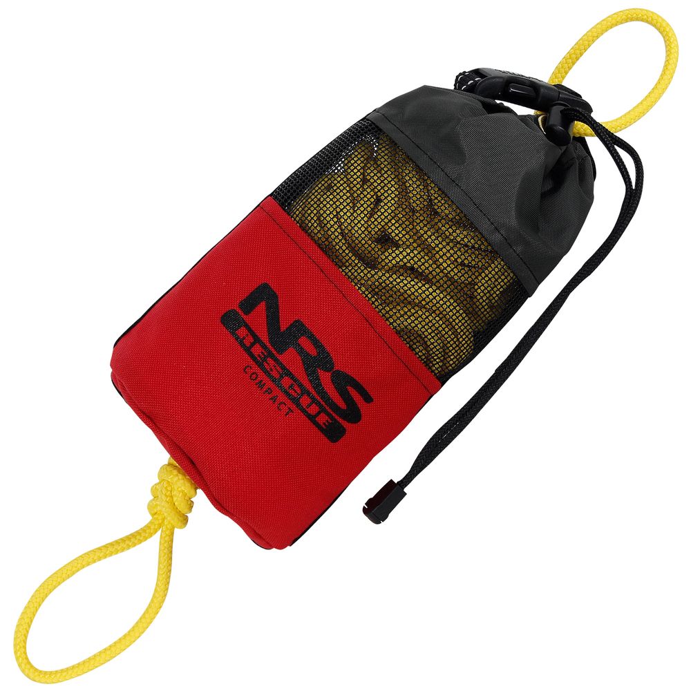 NRS Compact Rescue 70' Throw Bag, featuring a yellow rope in a red and black design, ideal for swiftwater emergencies.