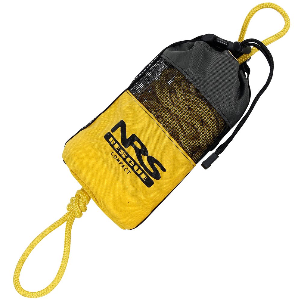 The NRS Compact Rescue 70' Throw Bag, in yellow and black, features a sturdy rope and mesh pocket, ideal for swiftwater emergency scenarios.