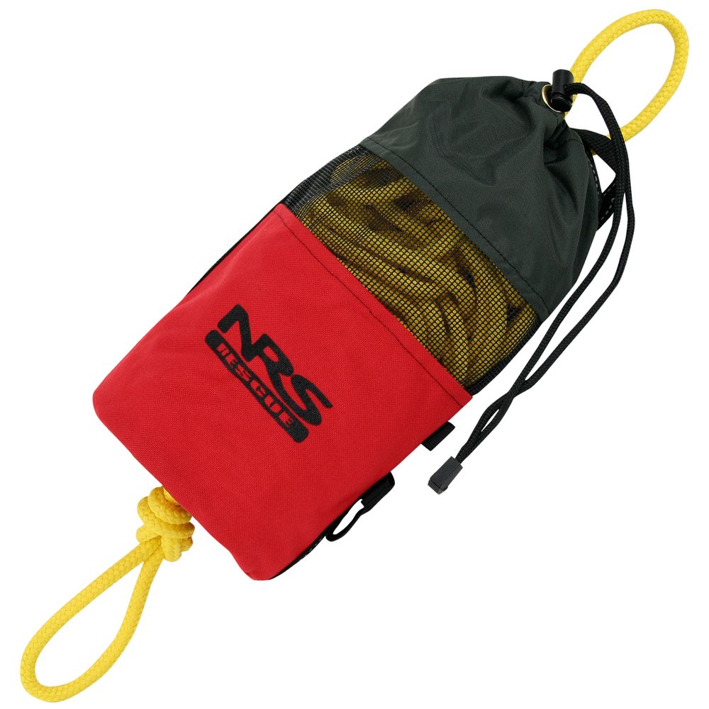 The NRS Standard Rescue Throw Bag 75' is red and black, made from durable Cordura Nylon with a yellow polypropylene rope, a mesh top, and features the NRS logo.