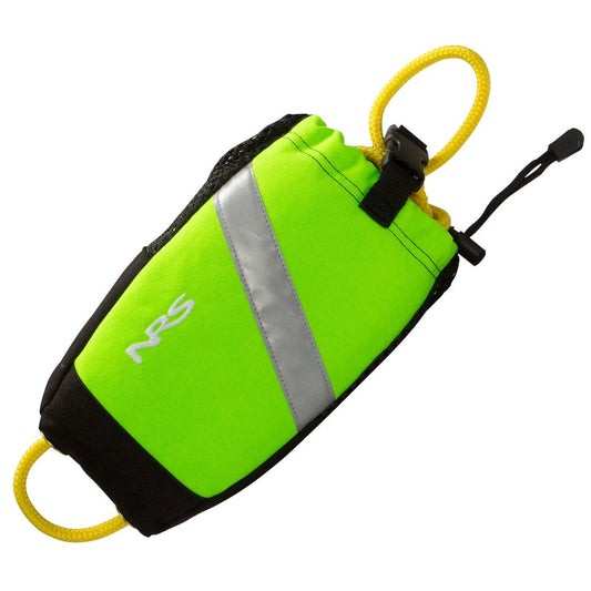 The NRS Wedge Rescue Throw Bag 55' is a fluorescent green throw bag with a compact design, featuring black edges, a reflective silver stripe, and a floating polypropylene rope with yellow cords at both ends.