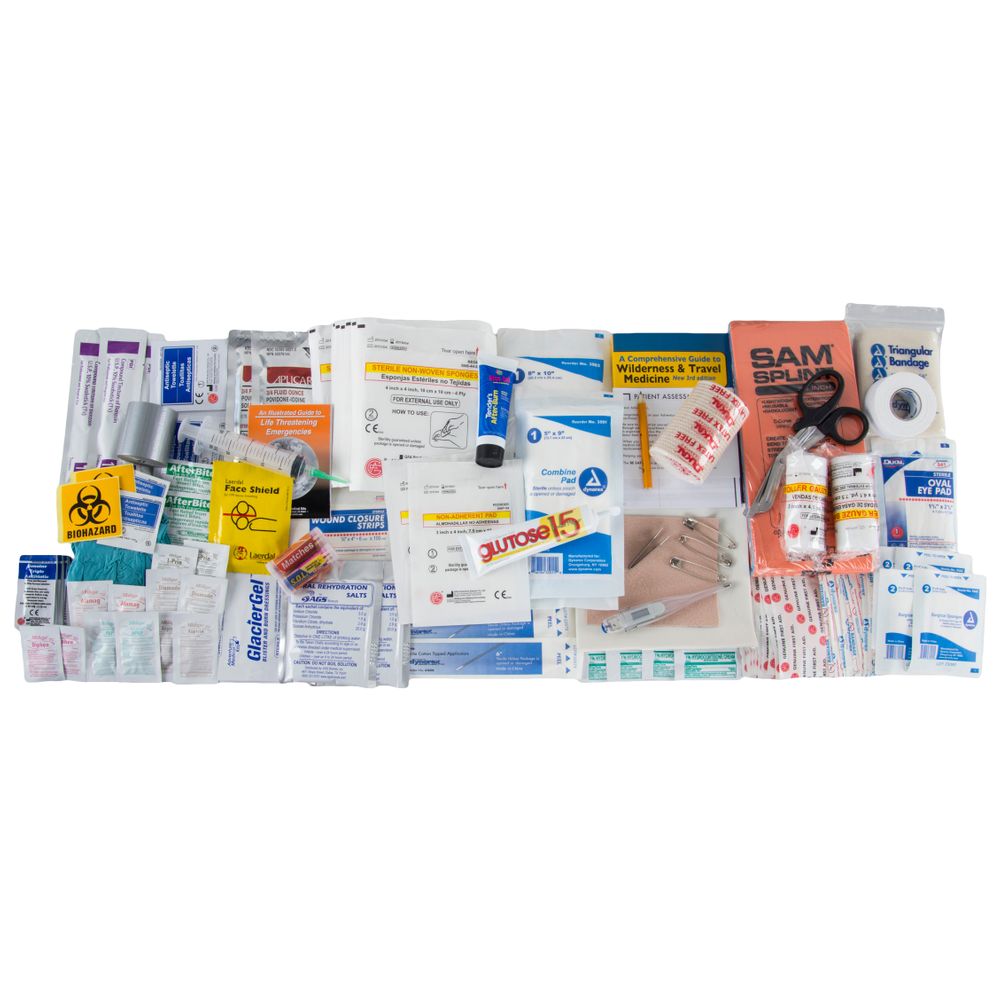 The NRS Comprehensive Medical Kit offers a wide assortment of supplies and first aid items like bandages, antiseptic wipes, gloves, and medication packets—perfect for emergencies.