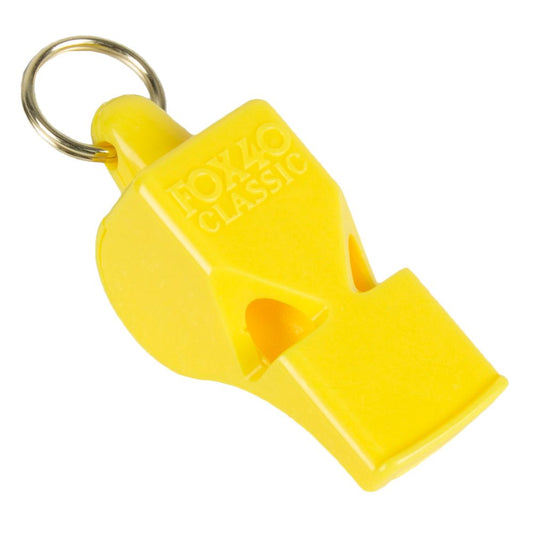 The NRS Fox 40 Safety Whistle, in yellow, is essential paddling gear with a silver key ring for easy attachment, perfect for signaling rescuers in emergencies.