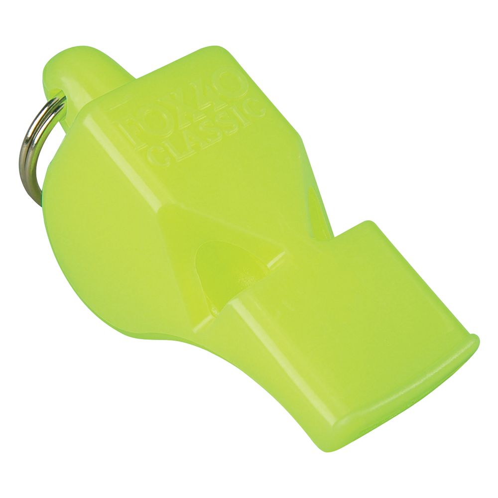 The NRS Fox 40 Safety Whistle in yellow plastic includes a metal ring for keychain attachment, essential paddling gear for emergency signaling.