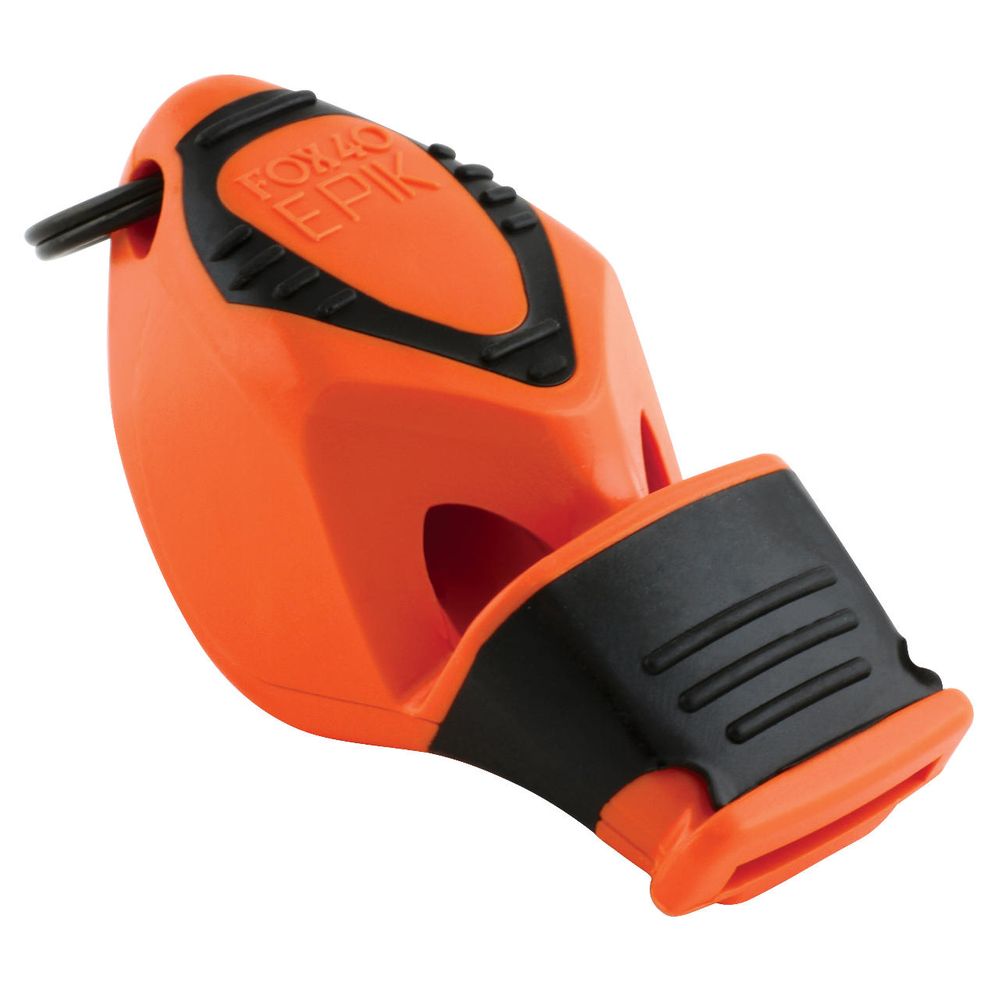 The NRS Fox 40 Epik CMG Whistle is an orange and black safety tool featuring a cushioned mouth grip, a loop for easy attachment, and a pealess design for reliable performance.