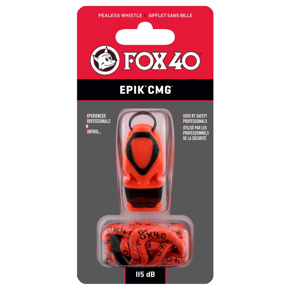 The NRS Fox 40 Epik CMG Whistle features orange and black pealess design with a matching lanyard. With a 115 dB sound level and Cushioned Mouth Grip for comfort, it is highlighted for use by safety professionals.