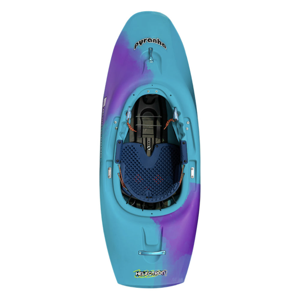 Top view of a blue and purple freestyle kayak with visible seat and footrests, boldly displaying "Helectron" on the front. Its design is reminiscent of Pyranha's signature style.