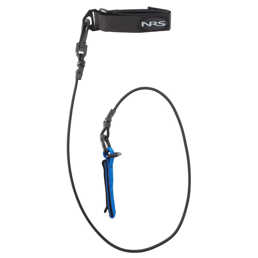 The NRS Paddle Leash comes with a black adjustable strap, blue loop attachment, and snap swivel for easy connection.