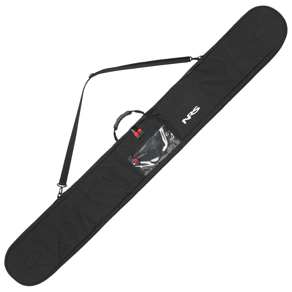 Black SUP/Whitewater Paddle Bag by NRS with shoulder strap, handles, transparent pocket, and padded fleece liner for extra protection.