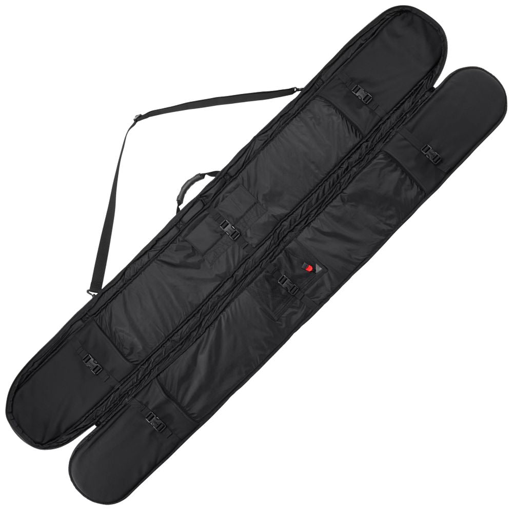 The black double rifle case, fully opened, includes a shoulder strap, side handles, and buckle closures. It features a padded fleece liner similar to the NRS SUP / Whitewater Paddle Bag for added protection.