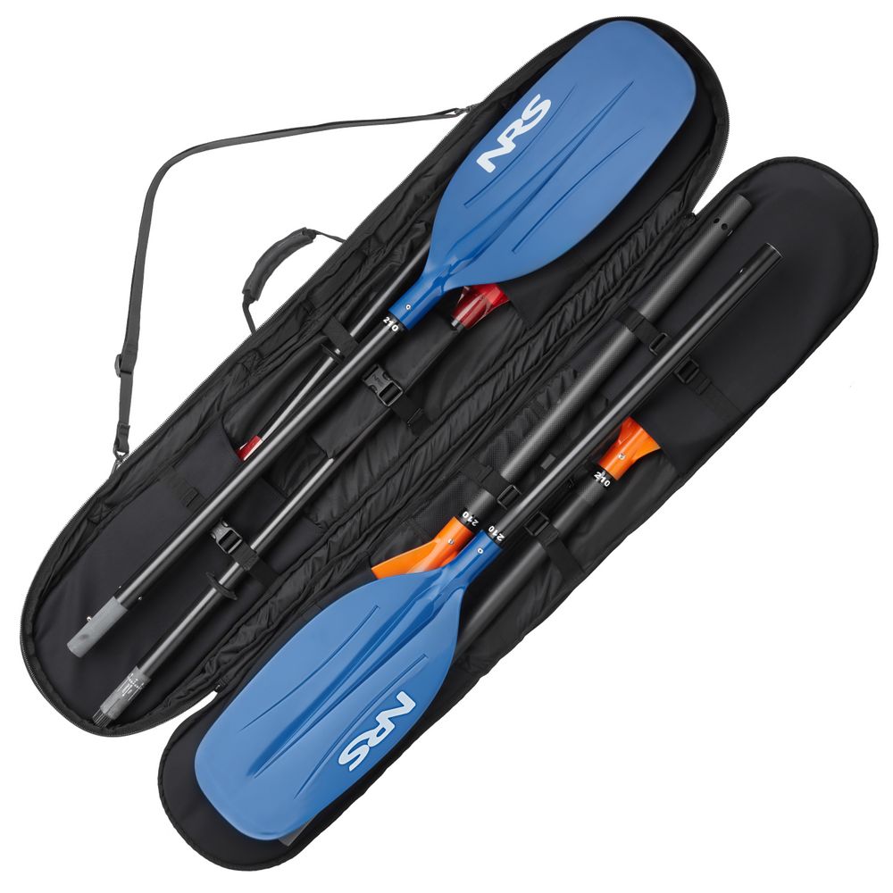 Unzip the NRS SUP/Whitewater Paddle Bag to find two disassembled paddles with blue and orange blades, handles, and adjustable straps. The padded fleece liner protects your gear, keeping it secure for your next adventure.