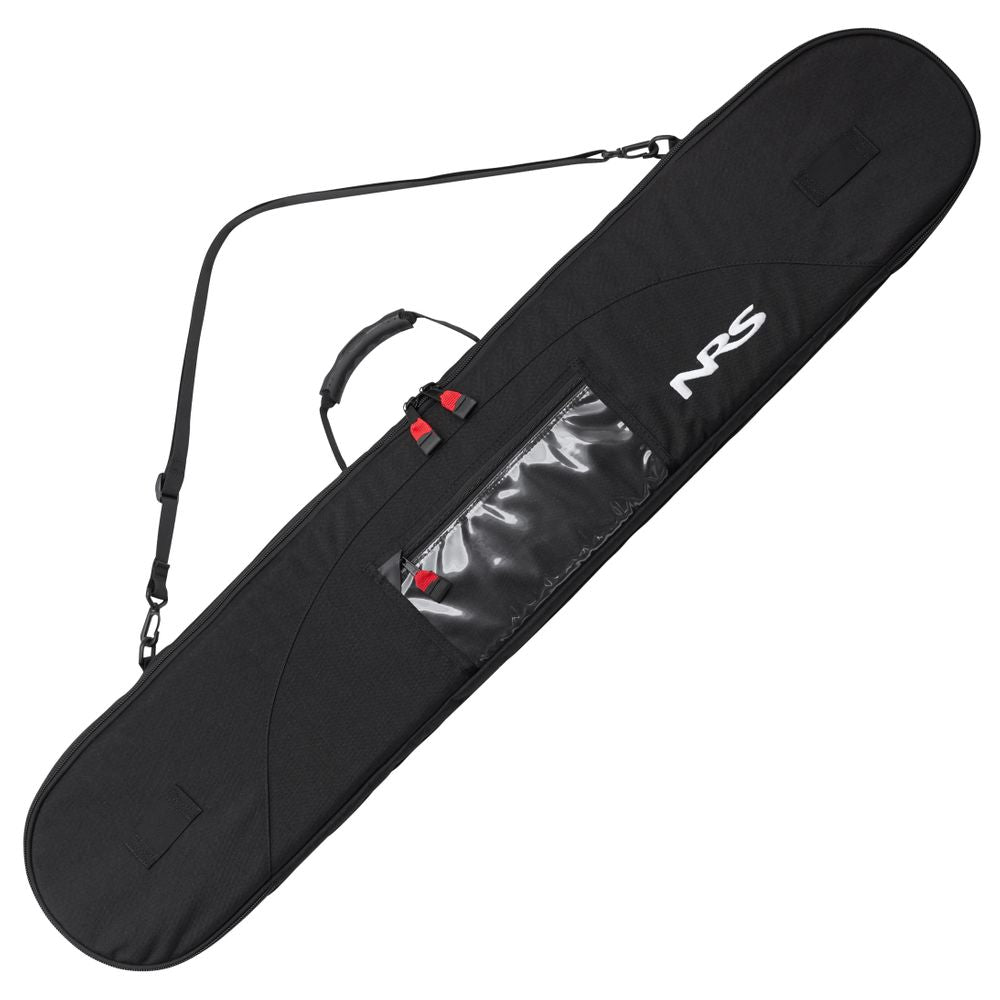 The NRS SUP / Whitewater Paddle Bag is a sleek black carry case with padded fleece lining, red "NRS" logo accents, and features a shoulder strap, handle, and transparent pocket—ideal for your adventures.