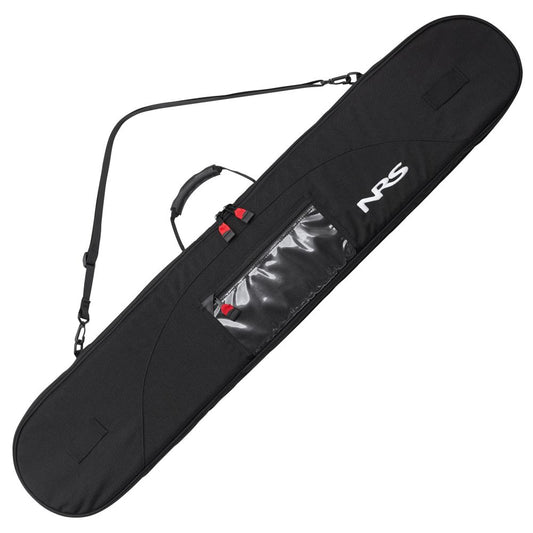 The NRS SUP / Whitewater Paddle Bag is a sleek black carry case with padded fleece lining, red "NRS" logo accents, and features a shoulder strap, handle, and transparent pocket—ideal for your adventures.