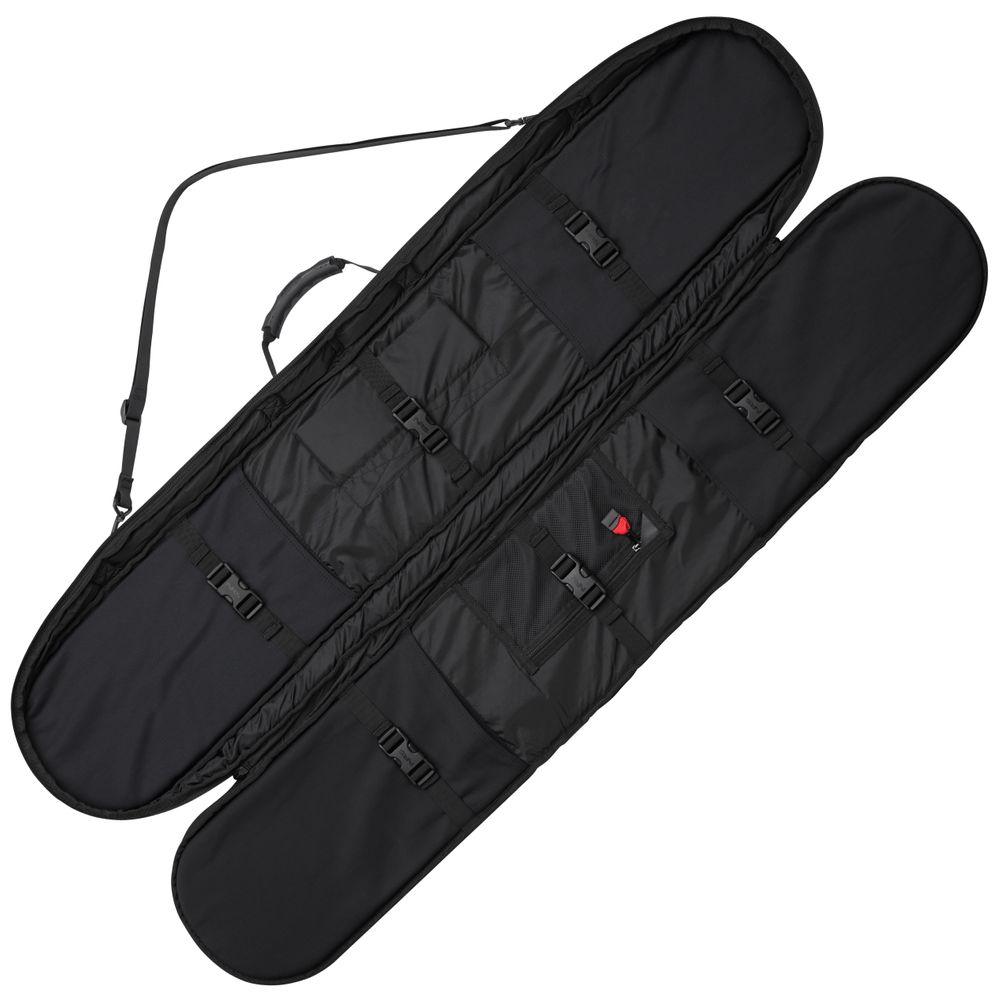 The NRS SUP / Whitewater Paddle Bag, shown open, reveals internal compartments and features a padded fleece liner for extra protection. It includes straps and a handle for easy carrying.