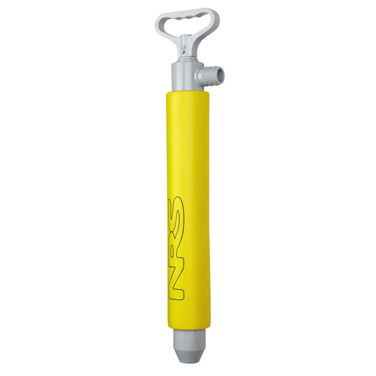 The NRS Bilge Pump is a yellow, manual hand pump with a gray handle and nozzle. It features the NRS logo and is designed to efficiently remove unwanted water from kayaks.