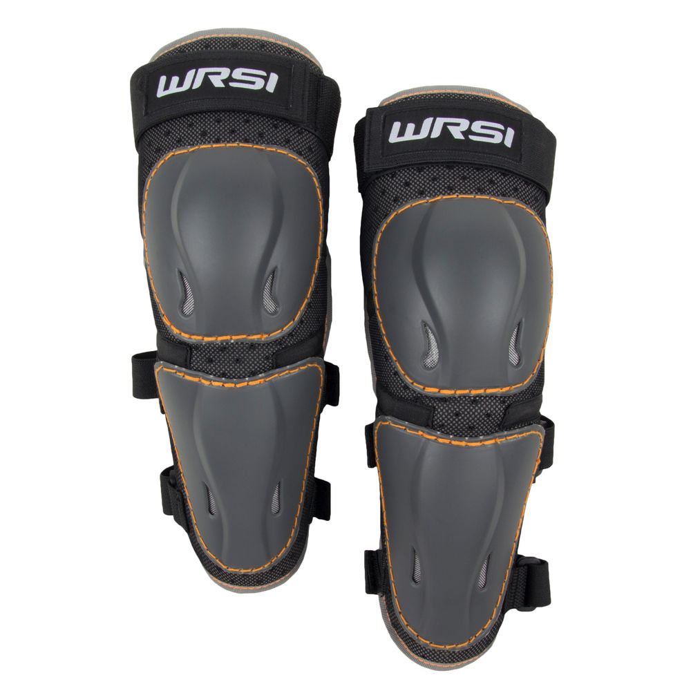 WRSI Elbow Pads by NRS come in gray with black and orange trim, featuring adjustable straps for secure protection. Made with durable ABS plastic armor, they offer reliable support for paddlers on every adventure.