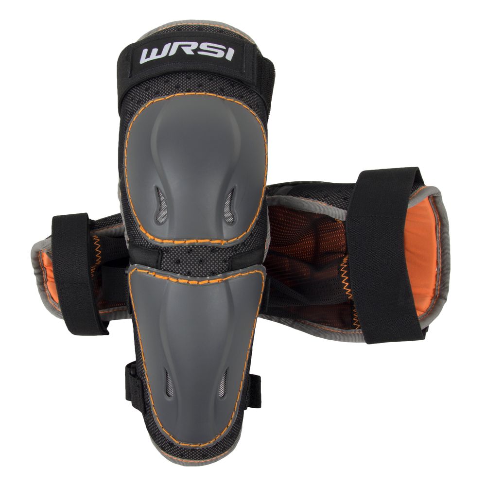 The NRS WRSI Elbow Pads are gray with orange stitching, feature adjustable straps, and display "WRSI" on the top pad, providing paddlers with protection.