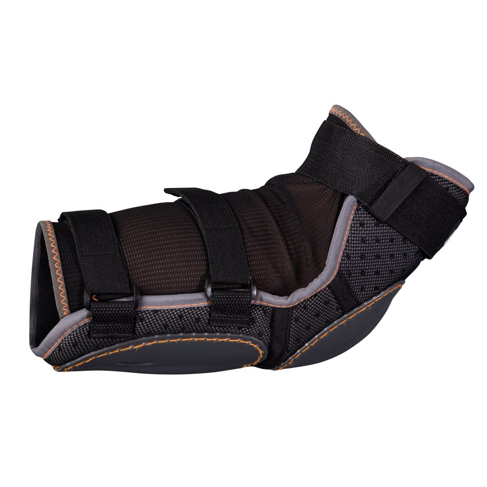 The NRS WRSI Elbow Pads, with black orthopedic features and adjustable straps, plus orange stitching and ABS Plastic Armor, provide enhanced durability. They're designed to support injuries or joint issues while offering protection during adventurous journeys.