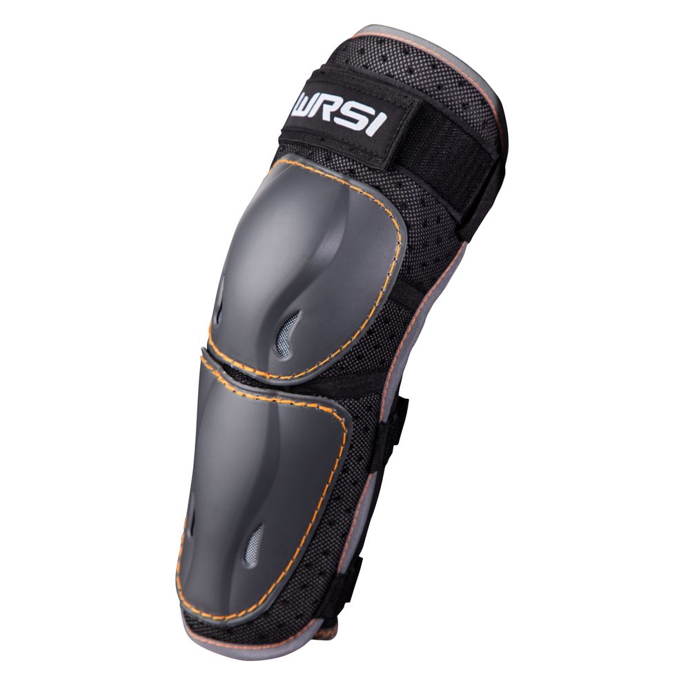 The NRS WRSI Elbow Pads are black and gray with reinforced ABS plastic armor and straps for secure attachment, ideal for paddlers seeking protection on intense adventures.