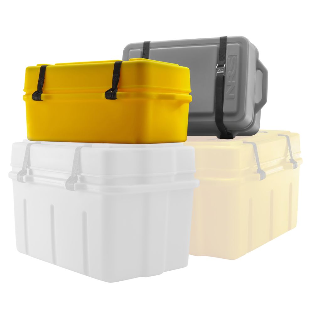 The NRS Boulder Dry Box features three insulated, rectangular containers: a yellow top, gray middle, and partially visible white bottom, all with black straps. Made from durable polyethylene, they offer a great camping dry box solution.