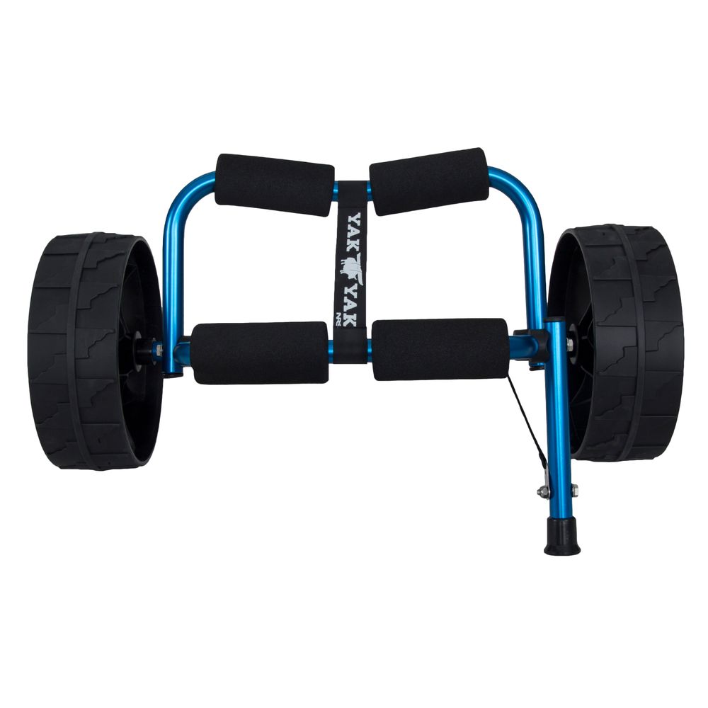 The NRS Yak Yak Boat Cart is a lightweight, durable blue kayak cart with black foam padding and large black wheels, designed for easy kayak transportation.