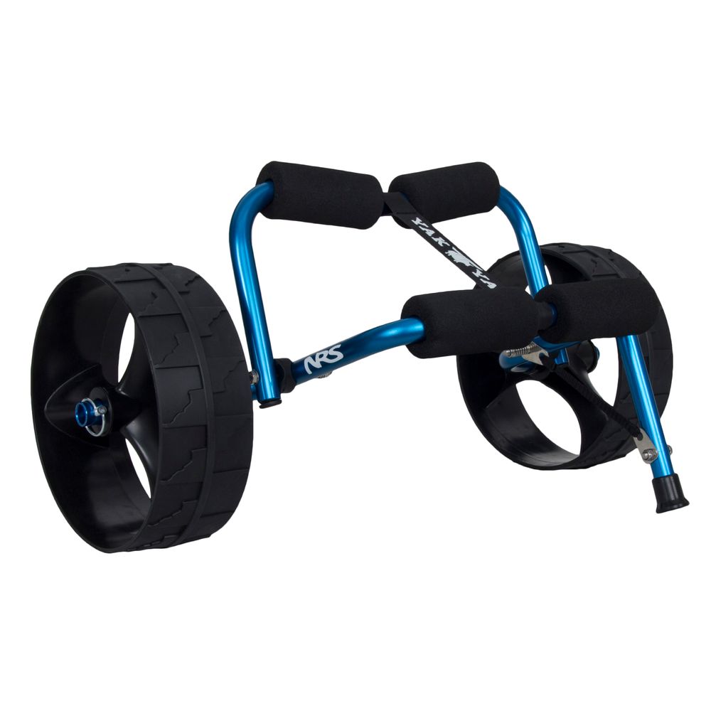 The NRS Yak Yak Boat Cart includes a lightweight blue metal frame, durable large black wheels, and black foam cushioning.