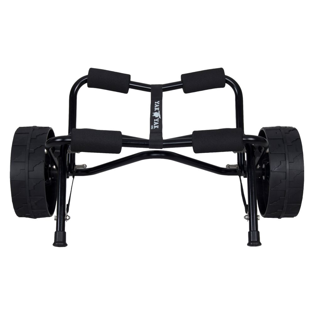 The NRS Yak Yak Boat Cart is lightweight and durable, featuring two large rubber tires and foam padding on the frame.