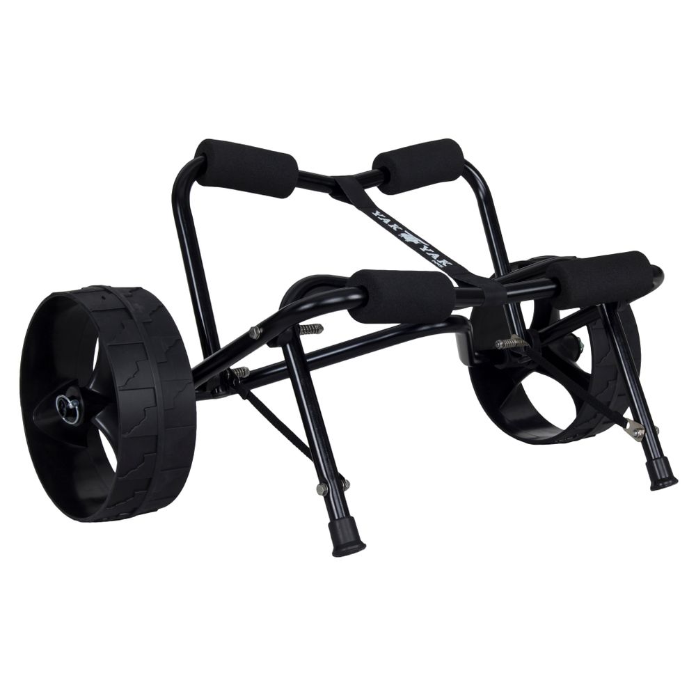 The NRS Yak Yak Boat Cart is lightweight and made with durable materials, featuring foam padding and two large wheels.