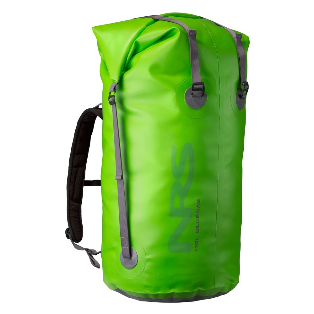 The Bill's Bag by NRS is a bright green waterproof backpack with heavy-duty TobaTex and black removable straps. Featuring the NRS logo and a roll-top dry bag design, it's perfect for outdoor activities.