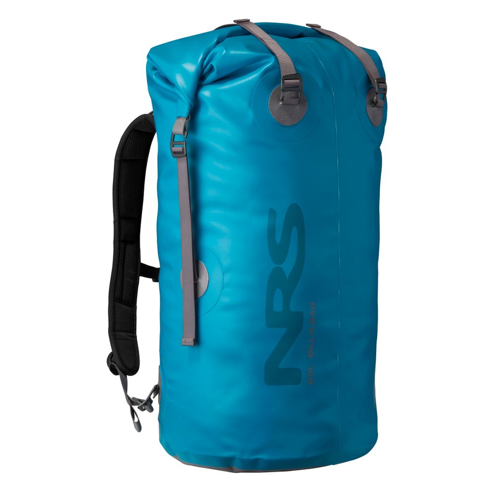 The NRS Bill's Bag, a blue dry bag backpack, features straps and buckle closures for secure, waterproof gear storage and transport.