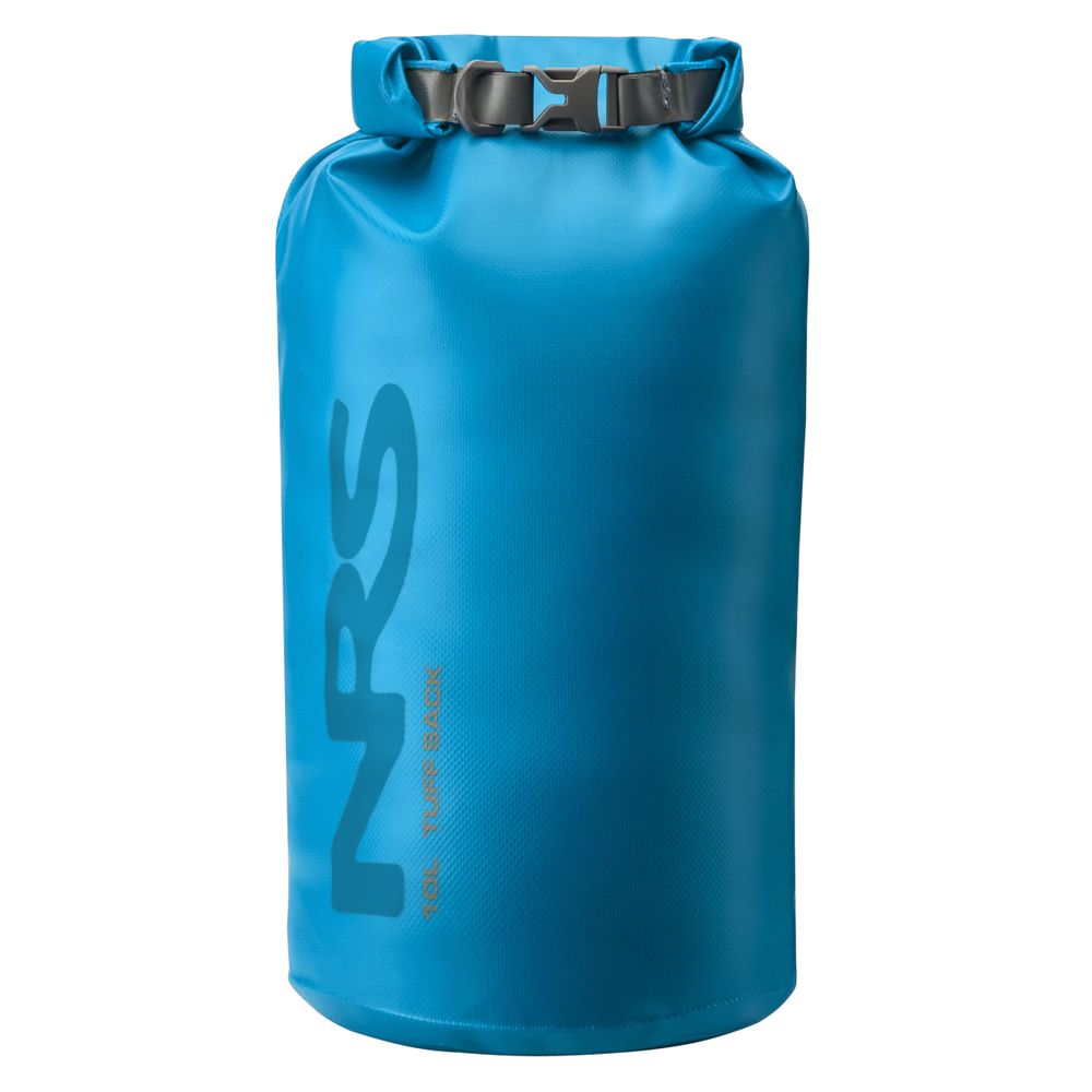 The Tuff Sack by NRS is a blue, ultra-durable dry bag with a roll-top closure and buckle, made from waterproof PVC. It features the brand initials "NRS" and "20L Twist Sack," with the innovative StormStrip system for reliable protection.