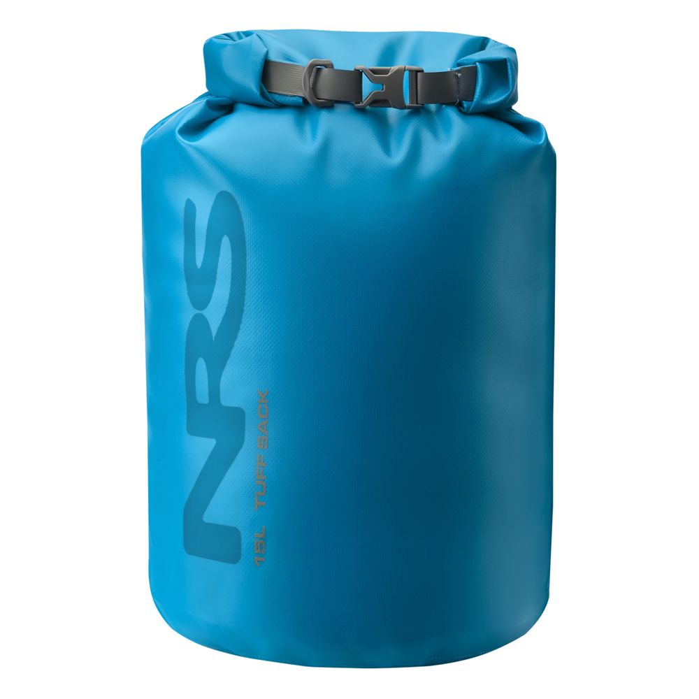 Blue dry bag with gray buckle, labeled "NRS Tuff Sack 13L," featuring the secure StormStrip system.