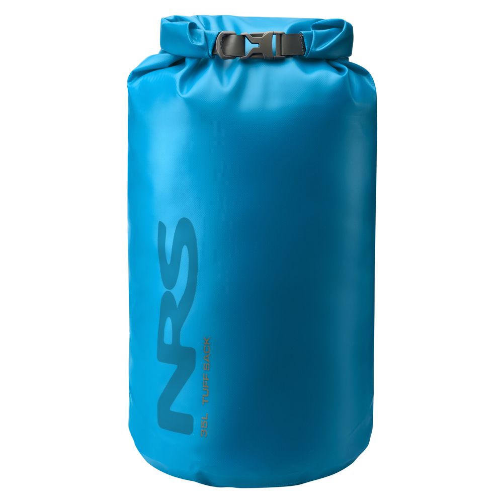 A blue NRS Tuff Sack with the logo and a secure roll-top closure using the StormStrip system, waterproof design.