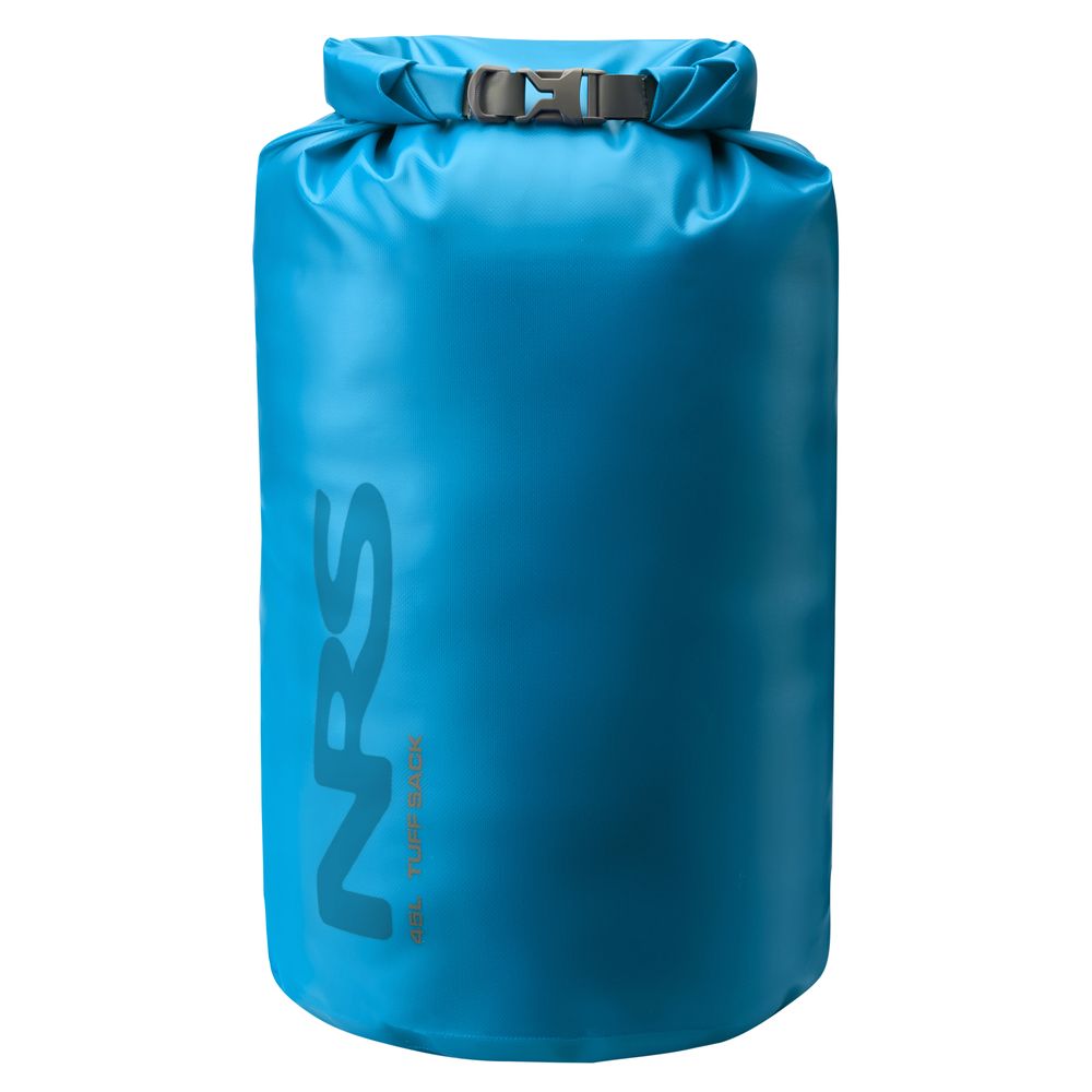 The NRS Tuff Sack, a blue waterproof dry bag with a roll-top closure and buckle, features the StormStrip system for superior protection against the elements.