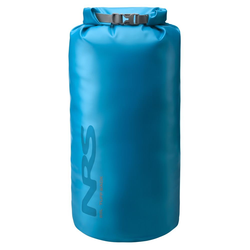 The NRS Tuff Sack is a blue waterproof dry bag with the StormStrip system, featuring a roll-top closure and buckle.