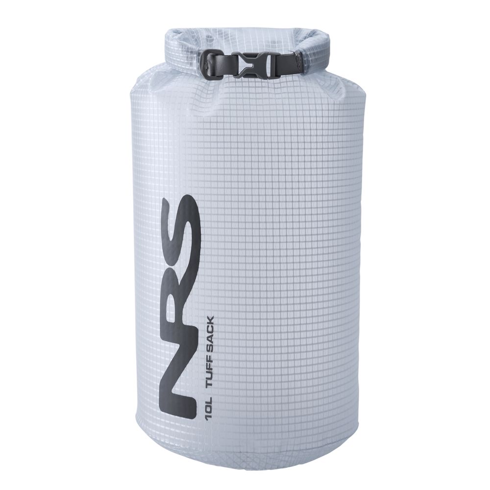 The NRS Tuff Sack is an ultra-durable gray dry bag featuring a grid pattern, waterproof PVC construction, StormStrip roll-top closure system, and black logo branding.