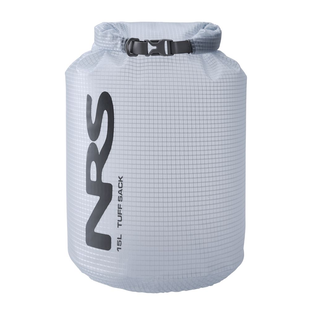 The NRS Tuff Sack is a gray waterproof dry bag with a grid pattern and bold "NRS 15L TUFF SACK" text on the side, featuring the StormStrip closure system to keep gear safe and dry.