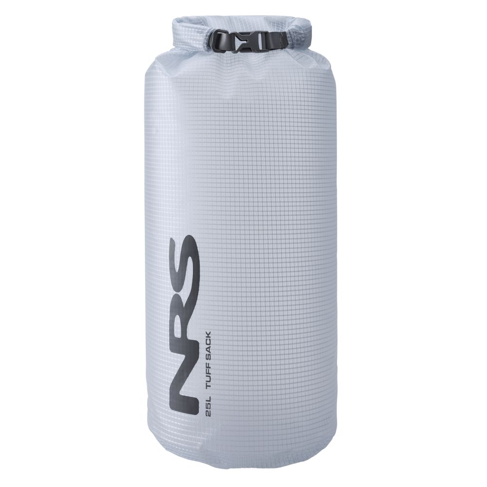 The gray cylindrical Tuff Sack by NRS features a roll-top closure with a buckle and the innovative StormStrip system, ensuring secure gear. A large "NRS" logo is printed vertically in black.