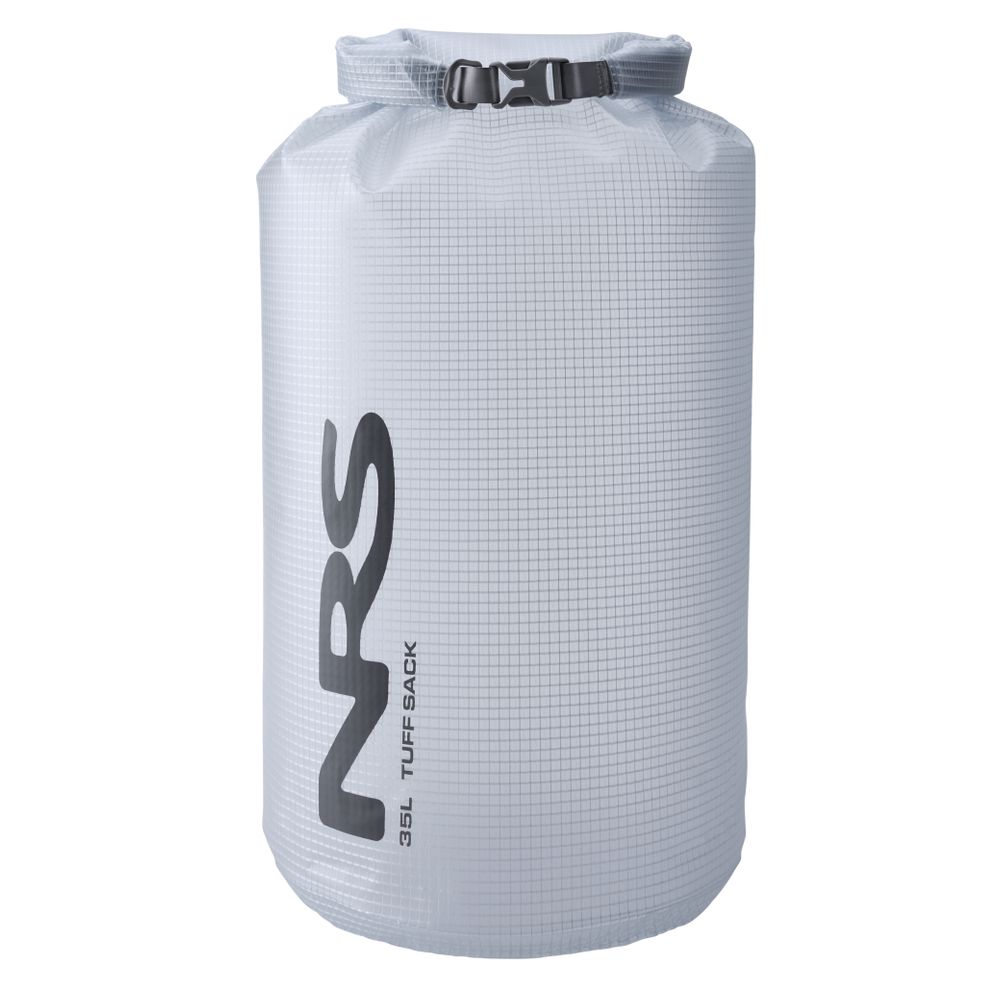 A gray 35L NRS Tuff Sack dry bag is depicted on a white background, showcasing the innovative StormStrip system, black branding, and roll-top closure.