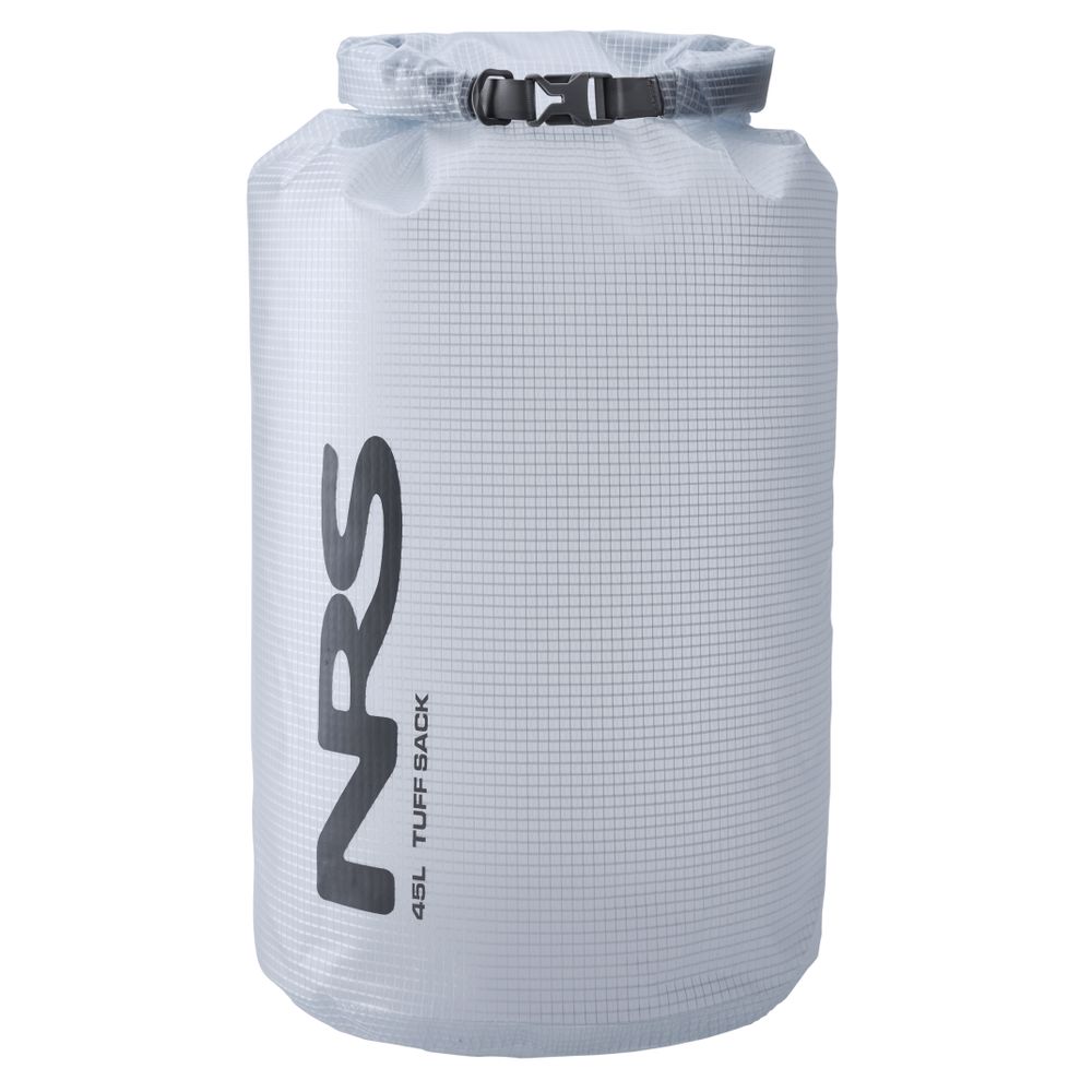 The NRS Tuff Sack is a gray waterproof dry bag made of durable PVC with a grid pattern. It showcases "NRS 45L Tuff Sack" in black on the front and uses the StormStrip system for secure closure.